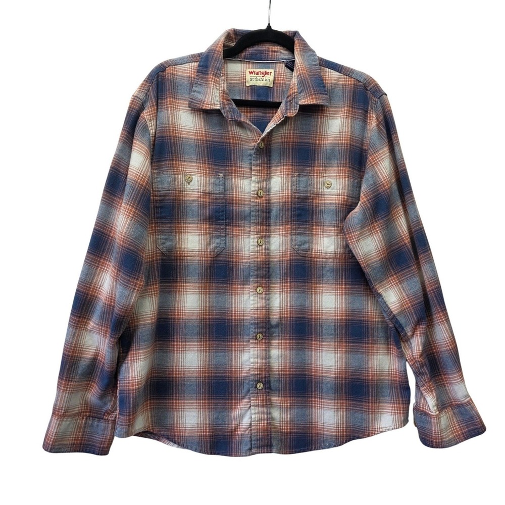 Wrangler‎ Authentics Mens Large Plaid Flannel Shirt Blue Orange Long Sleeve L